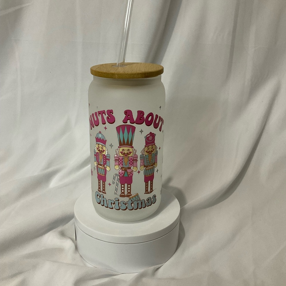 🔥SALE $15🎄16OZ Handmade Frosted Glass Can Cup, Lid & Straw, Nuts About Christmas